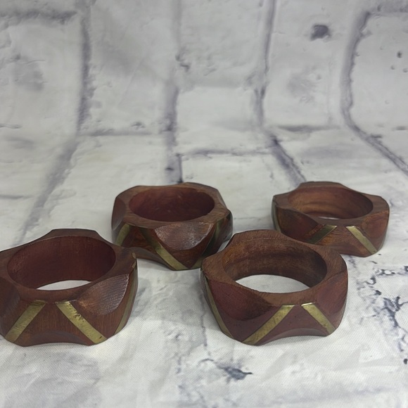 Polished Wood and Brass Napkin Rings Bohemian Set of 4 Made in India Thumbprint - Picture 4 of 5